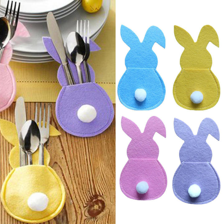 4pcs/Set Easter Bunny Cutlery Holder Handmade Festive Easter-Themed Bunny Cutlery Holder Home Decor Felt Easter Cutlery Holder for Easter Parties Home Decoration Kitchen Accessories Dining Table