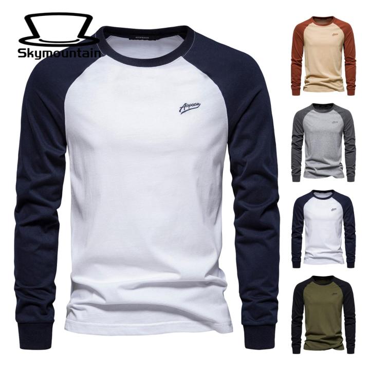 Men Elastic Cuffs T-shirt Men's Raglan Long Sleeve T-shirt O-neck Patchwork Color Pullover Tops Loose Fit Breathable Casual Tops Elastic Cuffs Round Neck T-shirt