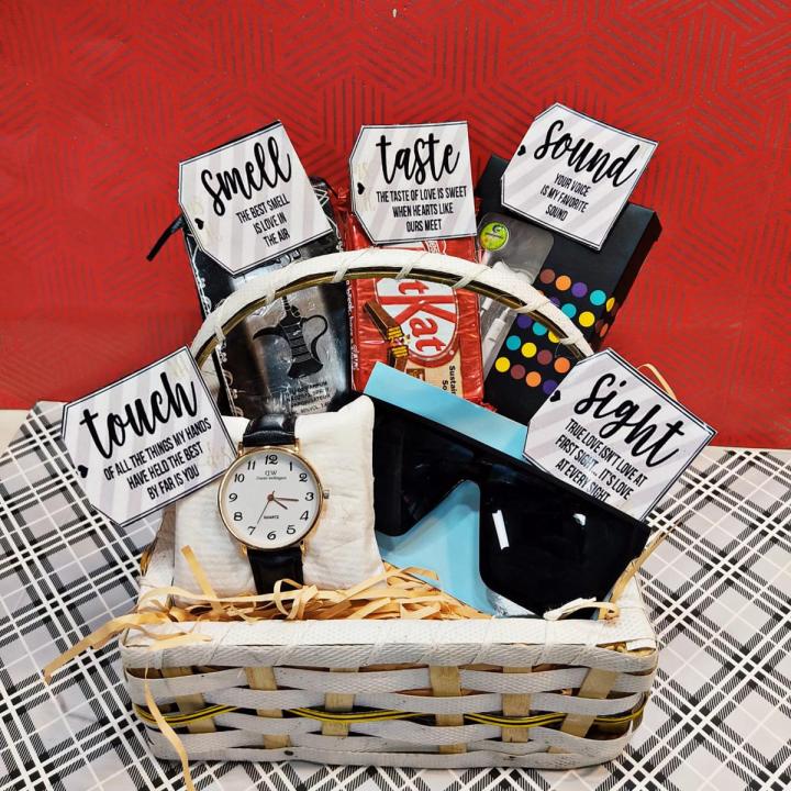 5 sense gift basket for men fashion gifts , birthday wedding , anniversary , engagement , fathers day , brother for all occasion