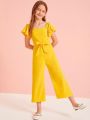 Girls Flutter Sleeve Zip Back  Belted Jumpsuit ( Fabric Lawn) ( Size 5 Yrs To 16 Yrs). 