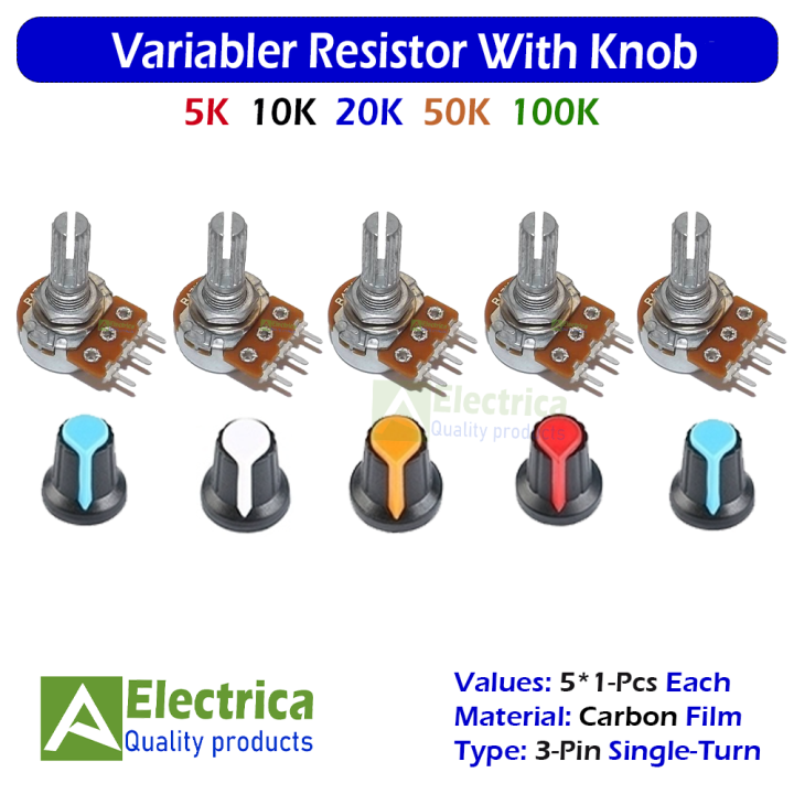 5Pcs Mix Value 5k 10k 20k 50k 100k Ohm Volume Type Variable Resistor Potentiometer With 5Pcs Multicolor Knob By Electrica
