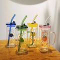 Techmanistan Random Color 400ml Square Glass Mug With Handle, Straw & Lid, Drinking Glass, Adorable Glass Cups with Lids and Straw, Glass Tumbler Coffee Cup Coffee Mug. 