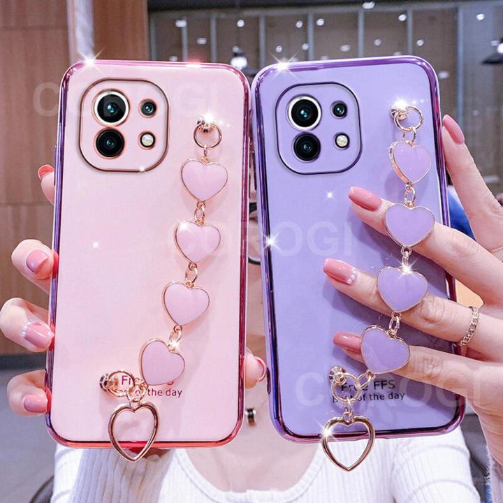 Maitus for Xiaomi Mi 11 Lite/11 Lite 5G NE Back Cover with Love Heart Bracelet Fashion Chain Plating Shiny Bling Cases Soft Silicone Mobile Phone Case for Girls Boy
