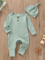 Infant Baby Jumpsuit and Hat Set, Solid Knit Ribbed Long Sleeve Crew Neck Button Romper One-Piece Clothes. 