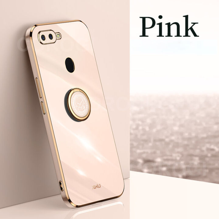 For OPPO A12 Back Cover with Ring Holder Stand Plating Square Bumper Protective Case Camera Lens Protection Soft Silicone Shockproof Mobile Phone Cases