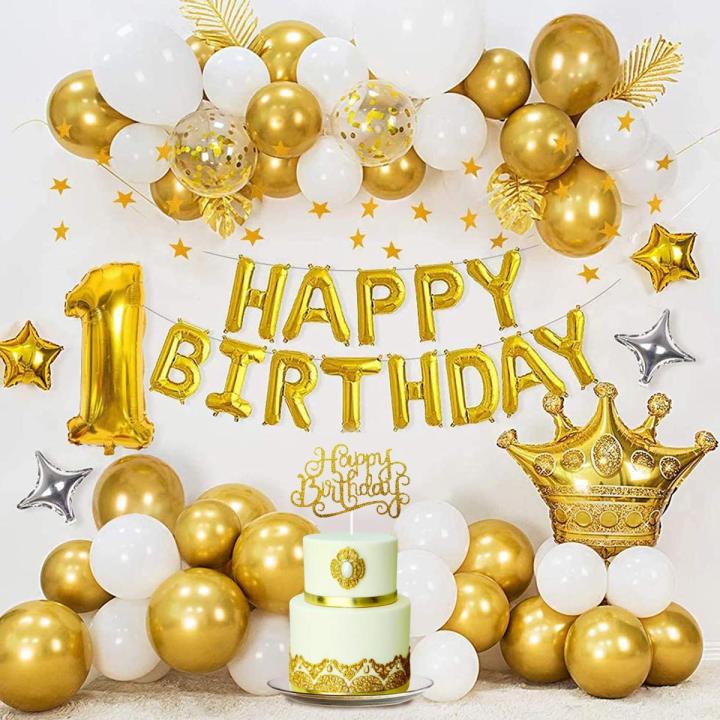 White & Golden Happy Birthday Decoration Theme Set 1 Happy Birthday Foil ,30 Pcs Balloons , 5 Confetti Balloons ,1 Golden Foil Crown  Boys Birthday Supplies