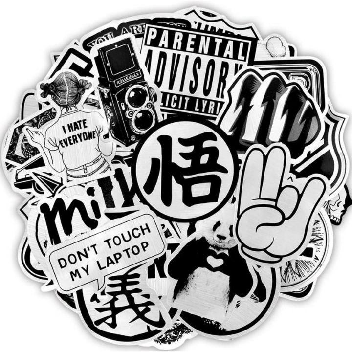 10 Pcs/Pack Metallic Black and White Graffiti JDM Funny Water proof Stickers for Laptop Car Bike TV Skateboard Guitar