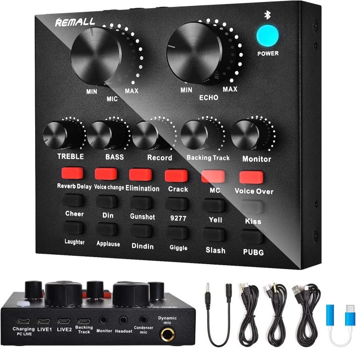 Live Sound Card, REMALL V8 Sound Card with Effects and Voice Changer for Podcasting, Bluetooth Audio Mixer for iPhone Android Phone Type C Computer Laptop for Live Streaming, 1200mAh
