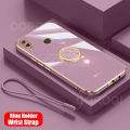For Huawei Honor 8X Back Cover with Ring Holder Stand + Wrist Strap Shiny Plating Square Bumper Protective Case Soft Silicone Shockproof Mobile Phone Cases. 