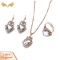 Women Heart Shape Rhinestone Pendant Necklace Lever Back Earrings Ring Jewelry. 