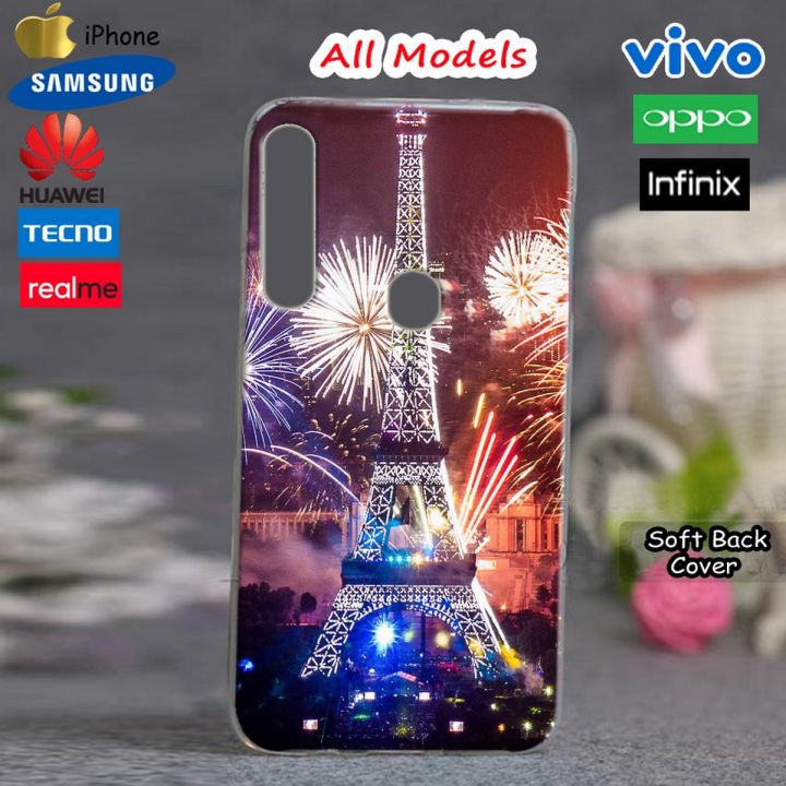 All Models Samsung Cover Infinix Cover Vivoo Oppoo Huawei Realmee Nokia & iPhone Tecno Back Cover Case Pouch- Eiffel Tower Style Mobile Cover TPU Silicon Soft Printed- CZNPRISMlt - MultiColor
