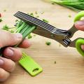 Multi-Functional Stainless Steel Kitchen Knives 5 Layers Scissors for Kitchen use Cut Herb Spices Cooking Tools Vegetable Leaf Scissor and Cutter with Cleaning Brush (Multicolor). 