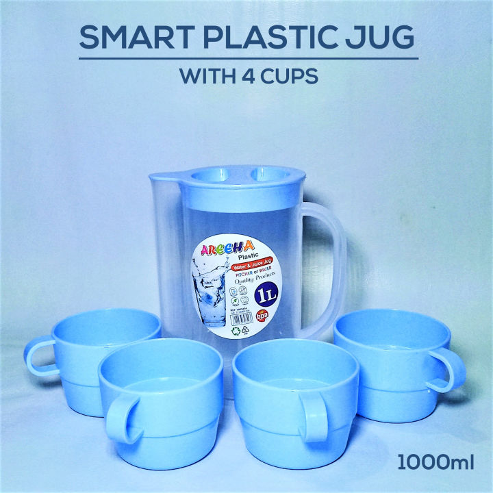 Areeha Plastic Jug for Water and Juice with 4 cups - Water Jugs - Juice jug ( Randomly Color Will Be Sent )