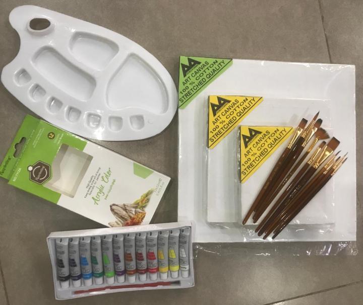 15 Pcs/Set Value Pack For Artist - Canvases, Acrylic Paints, Multi Shape Brushes and Pallette