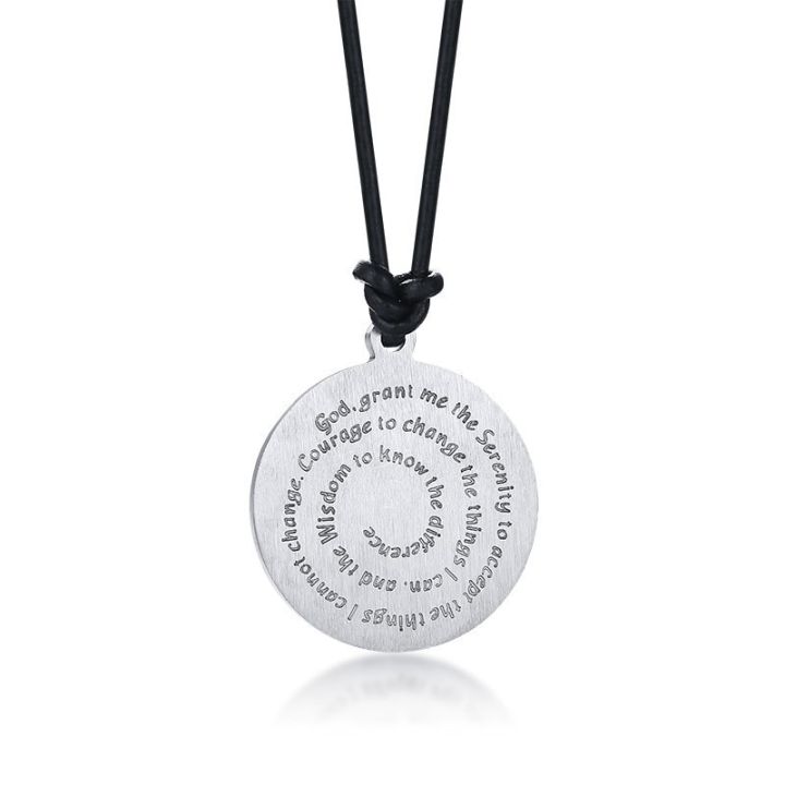 Men's Necklace Wisdom Quotes Serenity Prayer Round Stainless Steel Pendant With Leather Rope Chain Choker 20 in