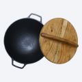 Cast Iron Wok 12.5" with Wooden Lid,  Krucible Kitchen, non stick karahi full size (with lid), Non Stick Cooking Wok, Black Karahi. 