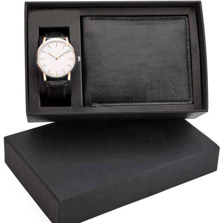Black Genuine Leather Wallet and White Watch Gift Set