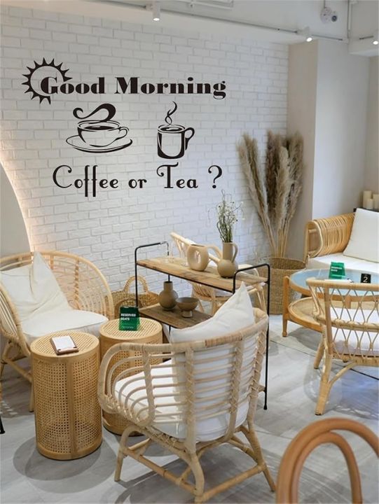 Charming Coffee Cup Wall Decals - "Good Morning Coffee or Tea" Sign Decor - Enhance Your Space with Coffee and Tea Theme - Ideal for Kitchen, Dining Areas, Cafes, 25"x17"