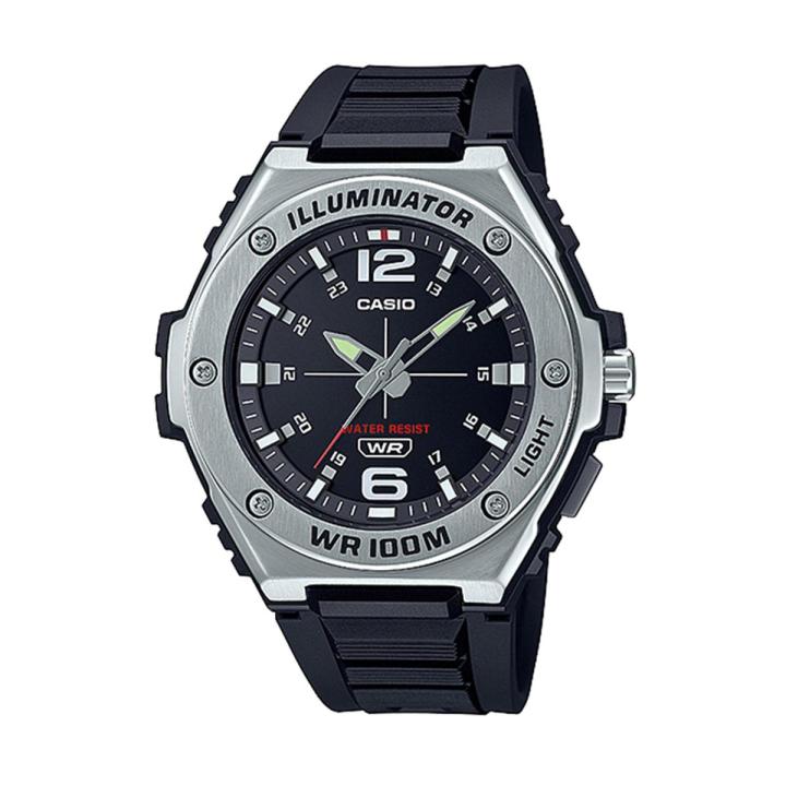 Casio General Illuminator Mens Silver Resin Analog Quartz Black Dial Black Resin Band Watch-MWA-100H-1AVDF