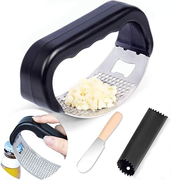 2 in 1 Stainless Steel Garlic Press Rocker, Curved Garlic Crusher Mincer with Bottle Opener Silicone Tube Peeler and Sc Anti-slip Handheld Garlic Mincer Easy to Operate and Clean Kitchen Gadget