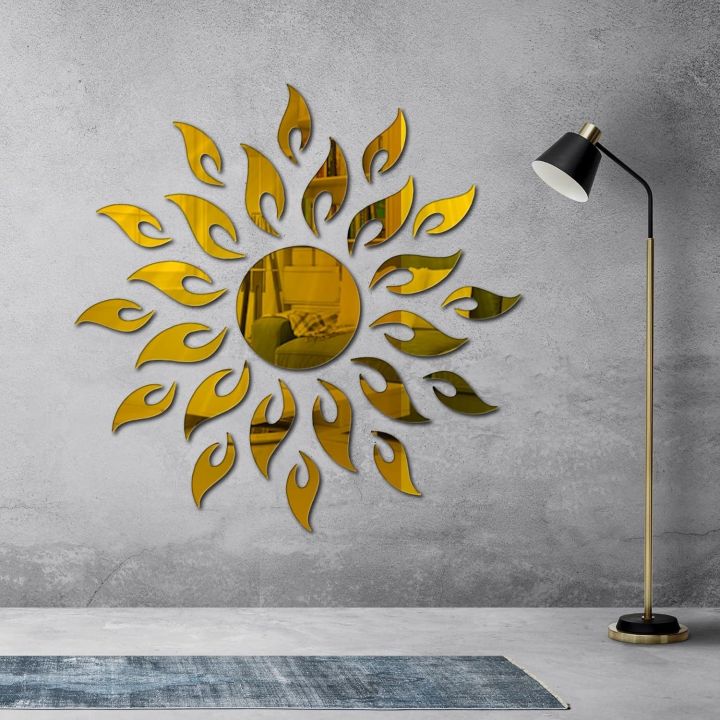 Golden 3D Acrylic Mirror Sticker – Sunflower Wall Décor for Living Room ...