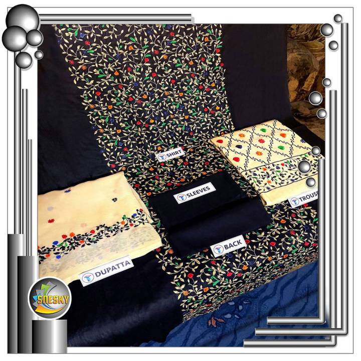 Bareeza Style Lawn 3 Piece Multi Color Embroidered Black Suit, Embroidered Cotton Trouser along with Embroidered Chiffon Dupatta