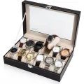 Watch Box for Men PU Leather Watch Organizer Storage Style Black Holds Up to 12 Watches. 