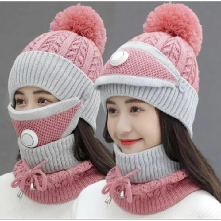 3PCS Womens Winter Warm Scarf Knitted Hat Mask With Filter Set Fashion Thickened Face Cover  For Men Women