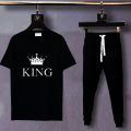 Trendy KING WITH CROWN Tag Printed Summer Tracksuit For Men & Boys Tee-shirt with trousers New Design Round Neck Half Sleeves T Shirts Top Quality Gym Wear/Casual and comfortable Pair T-Shirt and Trouser. 