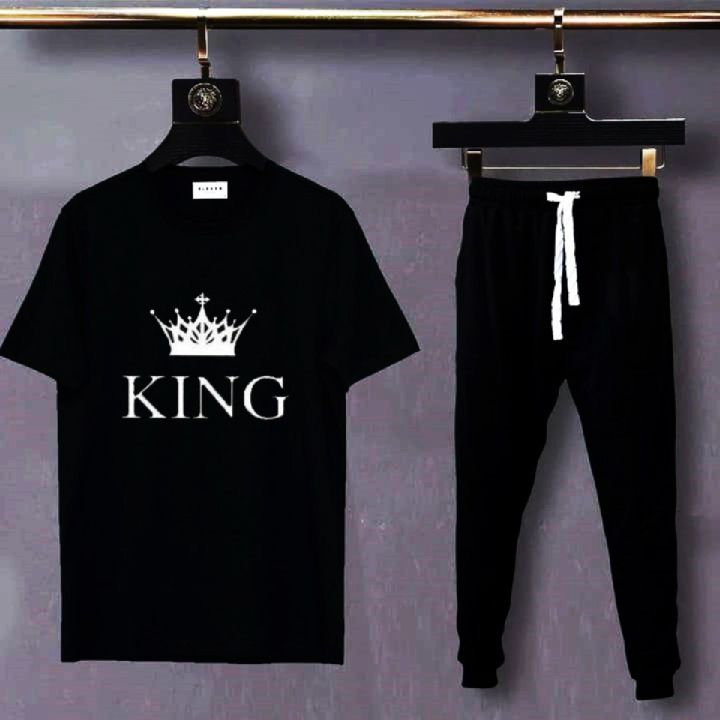 Trendy KING WITH CROWN Tag Printed Summer Tracksuit For Men & Boys Tee-shirt with trousers New Design Round Neck Half Sleeves T Shirts Top Quality Gym Wear/Casual and comfortable Pair T-Shirt and Trouser