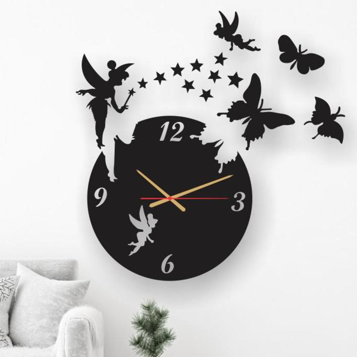 Wooden Wall Clock Fairy Home Decor Wall Clock, Fairy Wooden Wall Clock for Girls, Laser Cut Wall Clock Fairy With Stars with Butterflies