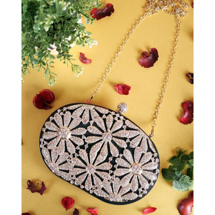 Flower Fancy Clutch for girls with long chain bridal clutches for girls fancy clutches for girls  wedding metal clutch