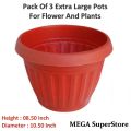 Pack Of 3 Extra Large Plastic Pots For Plants And Flowers Diameter 10.50 Inch - Outdoor And Indoor Plant Pots. 