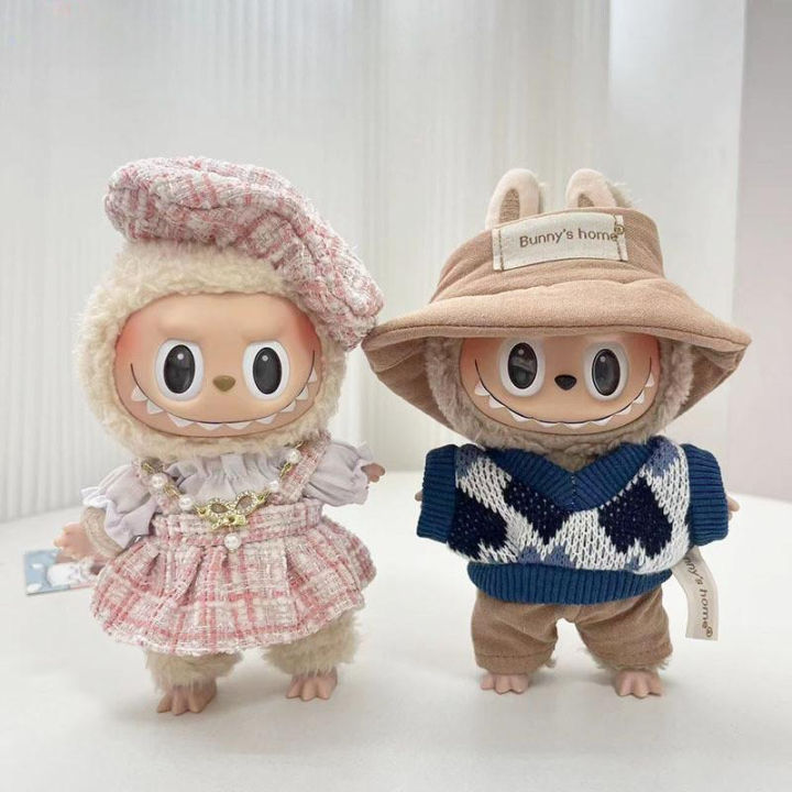 SF 1 PC cloth labubu The 17cm blind box is clothed with a light blue bib pants set for the stars a carrot strap and a two-piece pendant dress