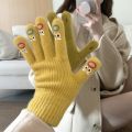 Emojis Children's Five Fingers Cute Korean Version Wool Thickened Warm Knitted Parent Child Gloves Autumn and Winter Primary School Students. 
