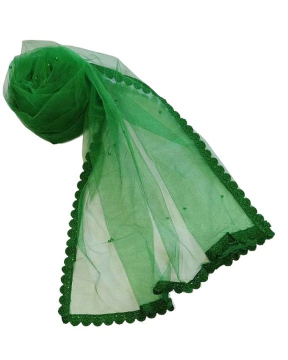 GREEN COLORED NET DUPATTA WITH FOUR SIDED COTTON LACE AND SAME COLORED BEADS /NET CHUNNI / (COLORS AVAILABLE ) LIGHT WEIGHT NARROW NET STOLE FOR GIRLS AND WOMEN / RED SKIN SEA GREEN ROYAL BLUE AND OTHER COLORS AVAILABLE / FULL SIZE NET DUPATTA