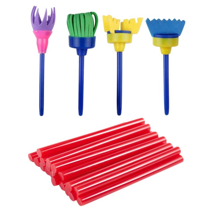 20 Pcs Red Hot Melt Glue Gun Adhesive Sticks 7X100Mm for Craft Model with 4 Pcs Sponge Paint Brushes for Kids, Early Learning Drawing Painting Tools Set