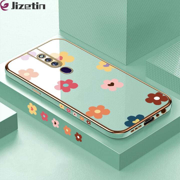 Jizetin (Free Lanyard) for OPPO F11 Pro Back Cover Falling Flowers Luxury 6D Plating Case Side Pattern Soft Silicone Square Mobile Phone Cases