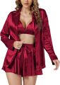 Women's 3 Piece Shamoze Silk Bridal Night suit for women, Shorts and hot cami Set, Silk Sleepwear and Lingerie with Front Open Shirt, Comfortable Bridal Nighty for Women, Hot Sexy Short Nighty for women. 