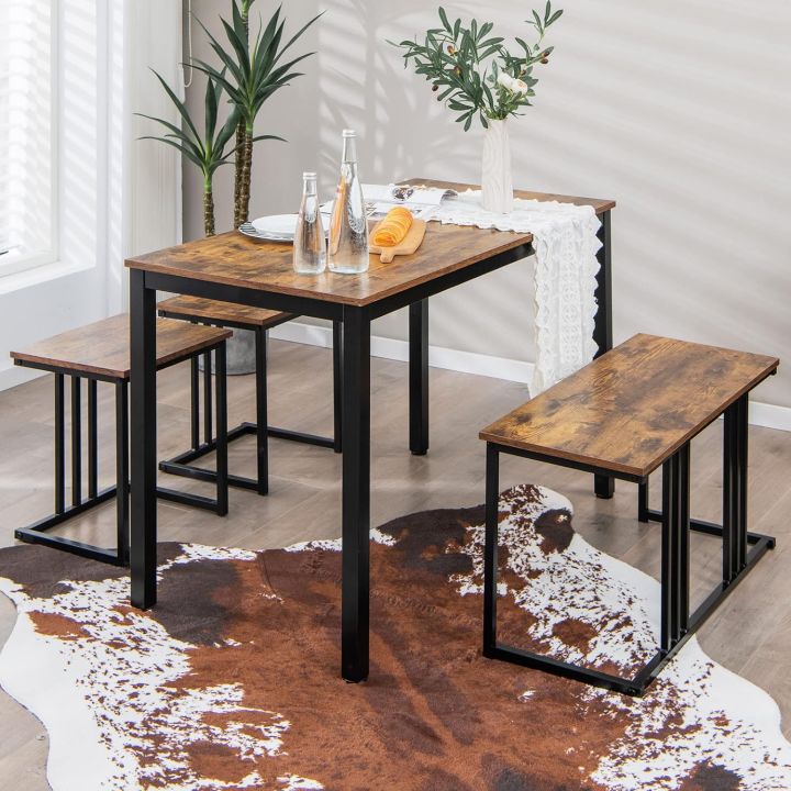 4 Piece Dining Table Set, Kitchen Table and Chairs for 4, Nesting Furniture Set w/Bench & 2 Stools, Space-Saving Table Set, Modern Desk Set for Dining Room Restaurant
