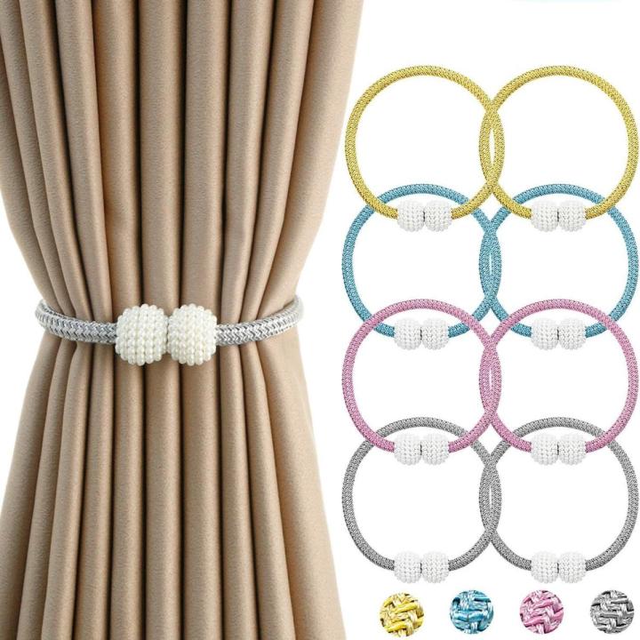 SHOPENITY - 2 PCS Magnetic Pearl Curtain Belt , Curtain Tiebacks Convenient Drape Tie European Style Decorative Weave Rope Curtain Rings & Buckles Holder for Window Sheer Blackout Draperies, Braided Straps Ball Buckles, Parday