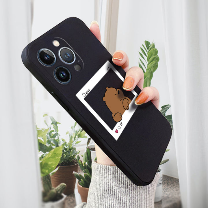 BILI for iPhone 14 Pro Back Cover Bear In Photo Frame Multicolor Liquid Silicone Phone Case Soft Square Lens Protection Phone Cases