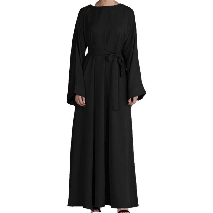 Black Plain Belt Abaya Long Maxi Style Dress