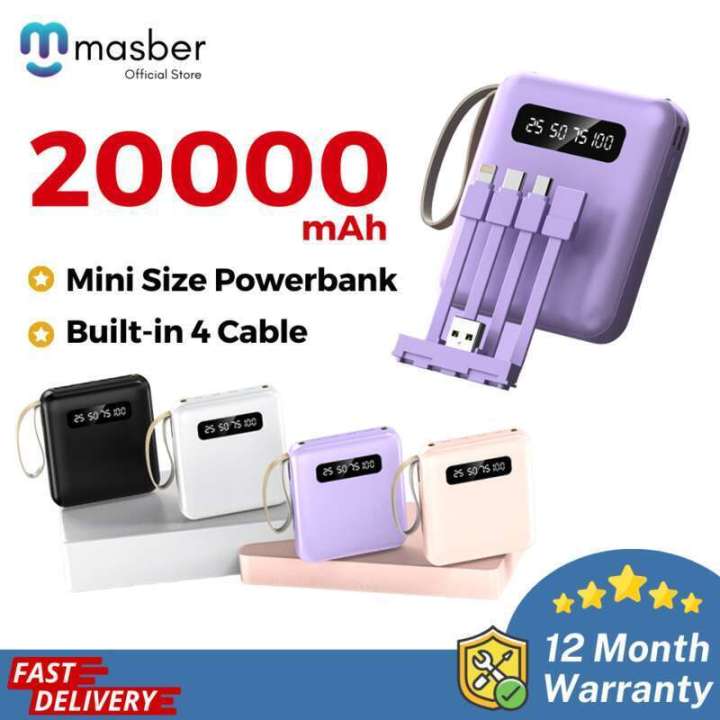 masber 20000mah with 4 Cable Small Powerbank mini Type C Micro IP Kecil Pawer Bank Digital Display