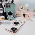 For Samsung Galaxy Grand Prime / Grand Prime Plus Back Cover with Cartoon Astronaut Folding Stand Luxury 6D Plating Frame Shiny Cases Soft Silicone Square Protective Mobile Phone Case. 