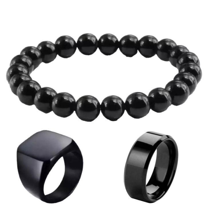 Black Combo Deal 3 In 1 Big Bracelet 1 Ring & 1 Black Chala  For Men & Boys