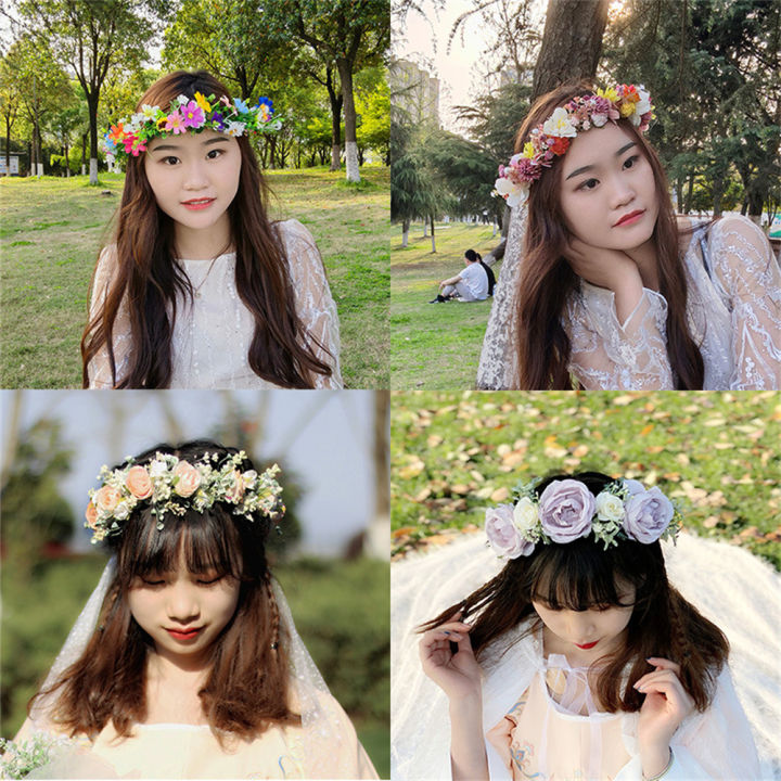 Flower Crown Hair Band Wedding Floral Headband Garland Ribbon Girl Hair Accessories Artificial Silk Flower Wreath Bride Women