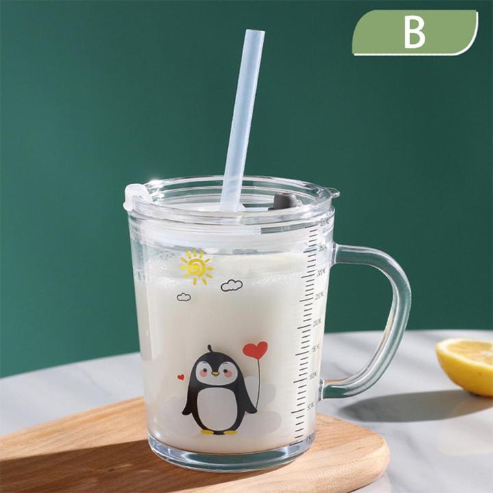 Cute Cartoon Glass Mug with Lid Handle Measuring Pipette Glass Milk Cup