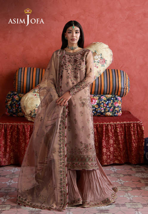 Asim Jofa-AJULN-12 Embroidered Zari Check Net Unstitched 3 Pcs-Dress for girls