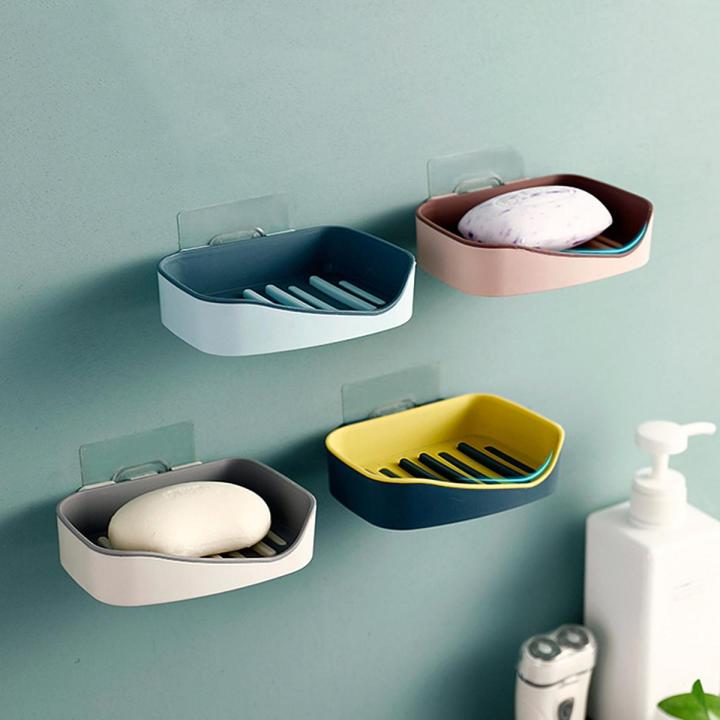 Shelf Drain Soap Holder Wall-Mounted Drainage Storage Rack No Drilling Double Layer For Soap Shampoo In Bathroom Draining Tray For Shower Double-Deck Punch-Free Strong Self-Adhesive Also For Kitchen For Sponge Brushes Organizer Plastic Stand Two Layers